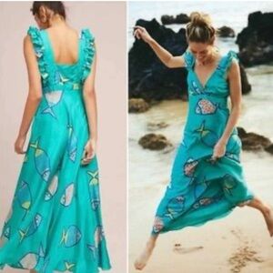 Anthropologie Anupamaa Green Silk Ruffle Fish Summer School Maxi Dress 8